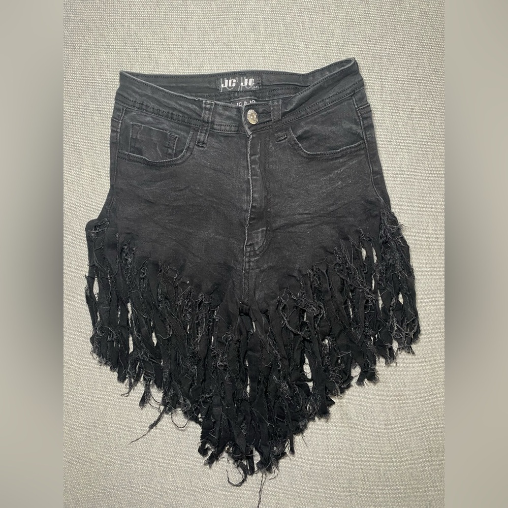 JC JQ Black Denim Fringe Shorts Women Tassel Stretch Festival High Waist SZ S